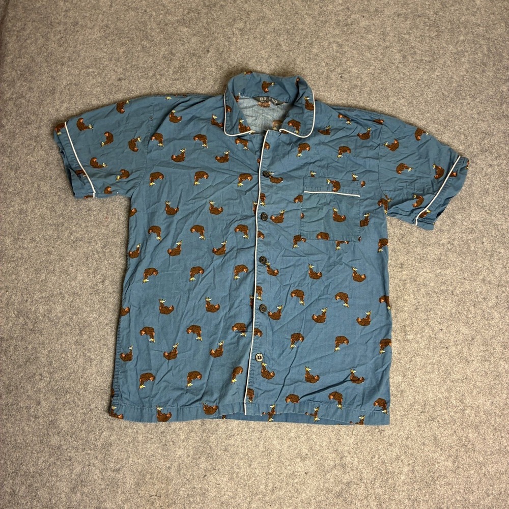 Baleno Mens Med Blue Monkey Print Short Sleeve Button Casual Shirt 100% Cotton